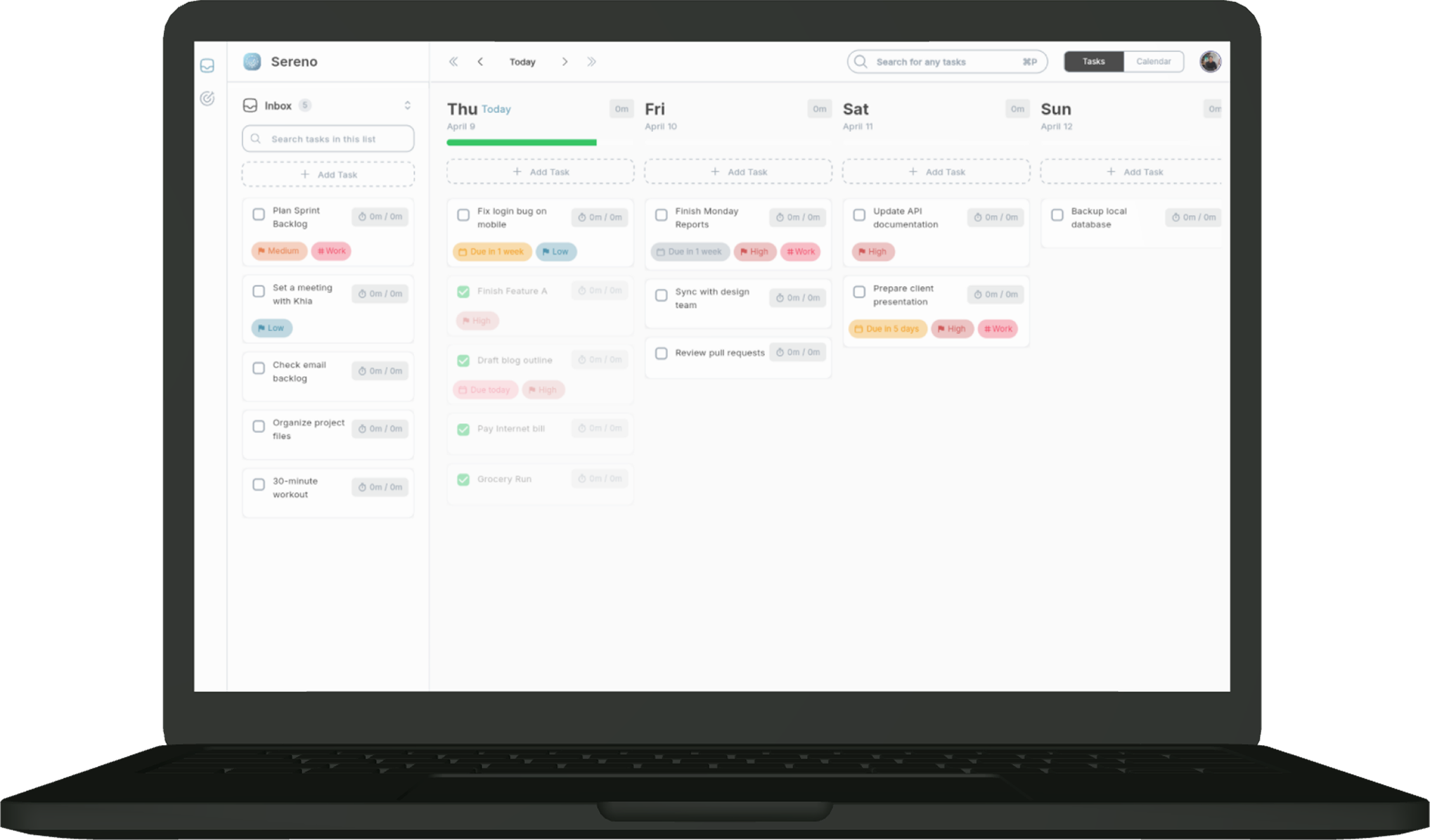 Sereno Planner desktop app for Windows and Mac showing weekly task management