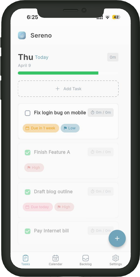 Sereno Planner mobile app for iOS and Android with task management interface